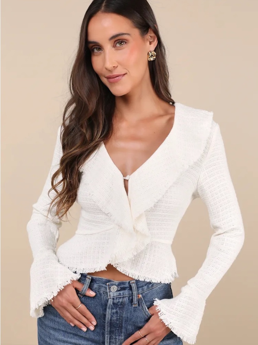 Ivory Tweed V-Neck Ruffled Long Sleeve Top